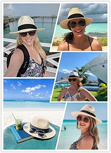 2 Pack Women Straw Hat Panama Wide Brim Roll up Hat Fine Braid Fedora Summer Sun Hat with Wind Lanyard for Beach Travel UPF