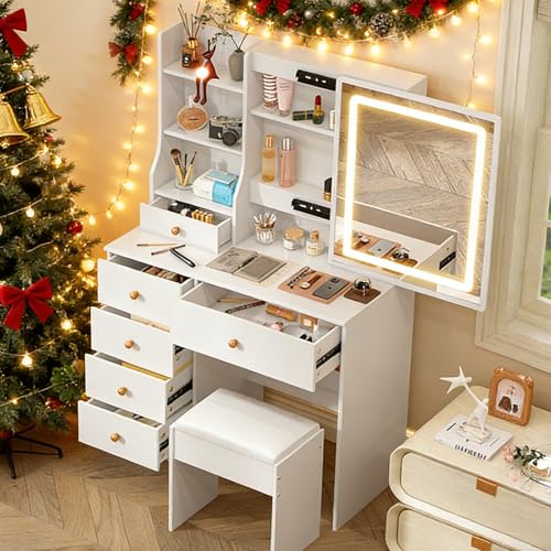 Teousev Small Vanity Desk with Mirror and Lights,Make up Vanity