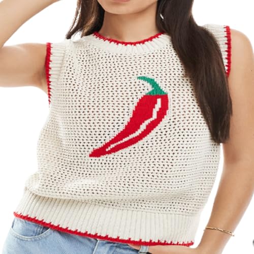 Image of Women Graphic Sweater Vest Y2k Sleeveless Lobster Pullover Top Crew Neck Lightweight Fall Knit Tank Top
