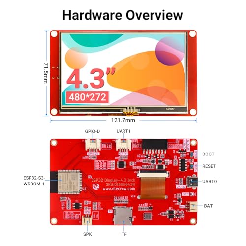 Image of ELECROW ESP32 Display 480x272, 4.3 Inch HMI Basic Touch Screen SPI TFT LCD Touchscreen with Acrylic Case, 32-Bit LX7 Dual-Core Processor, Up to 240MHz, Compatible with Arduino, PlatformIO, MicroPython