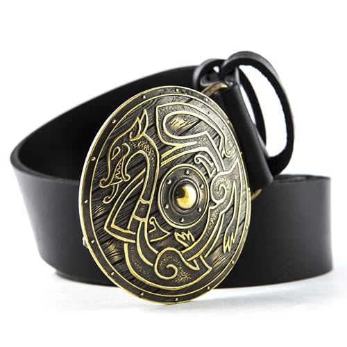 Leather belt with belt buckle Viking Shield, Handmade scandinavian warrior shield solid brass belt buckle on leather belt