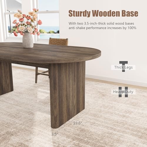 Image of GarveeHome Oval Dining Table for 6-8 People, Long Large Kitchen Table with Thick Sturdy Wooden Base, Farmhouse Dining Room Table for for Kitchen, Living Room, Office (70.87 inch Long,Brown)