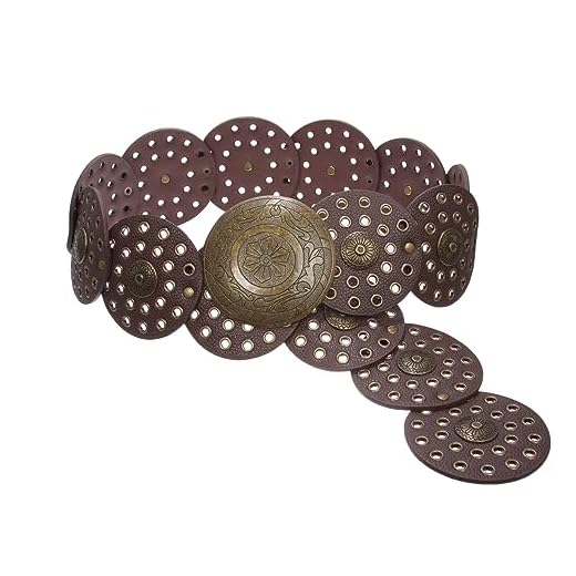 Cinto de couro feminino largo Boho Disc Concho de 90 mm de largura, Marrom, L - 45 END-TO-END