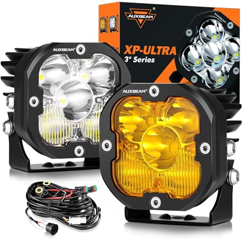 Auxbeam 3 Inch Led Pods Amber Fog White Off Road Driving Light XP-Ultra Series Spot Flood Combo Offroad LED Bar Cube Lights 80W Auxiliary Ditch Lights with White/Amber Light Covers, Pair