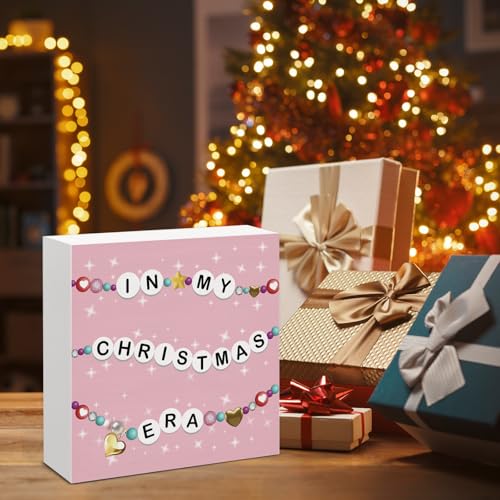Image of Pink Christmas Decor, in My Christmas Era Wood Box Sign, Seasonal Xmas Holiday Home Office Decorations for Desk Table Shelf 5 X 5 Inches