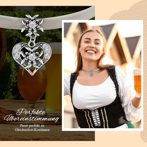Herdear Bierfest Damen Trachtenkette Herz Edelweiß Halskette Elegantes Kropfband mit Strasssteinen Herz und Edelweiß Anhänger(Hellgrau)