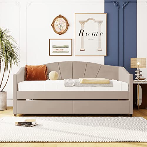 Harper & Bright Designs Twin Size Daybed with Storage, Velvet Upholstered Daybed Sofa Bed with 2 Drawers and Wood Slat Support, No Box Spring Needed (Twin, Beige) Harper & Bright Designs Twin Size Daybed with Storage, Velvet Upholstered Daybed Sofa Bed with 2 Drawers and Wood Slat Support, No Box Spring Needed (Twin, Beige)