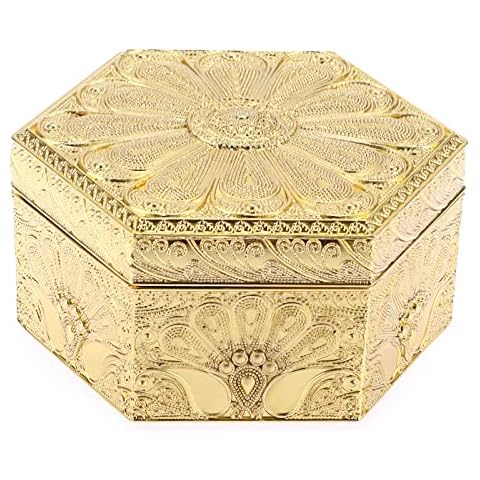 Hipiwe Metal Jewelry Box Small Hexagon Vintage Treasure Chest Case Necklace Bracelet Ring Organizer Storage Box Keepsake Box for Girls Women, Gold Cover