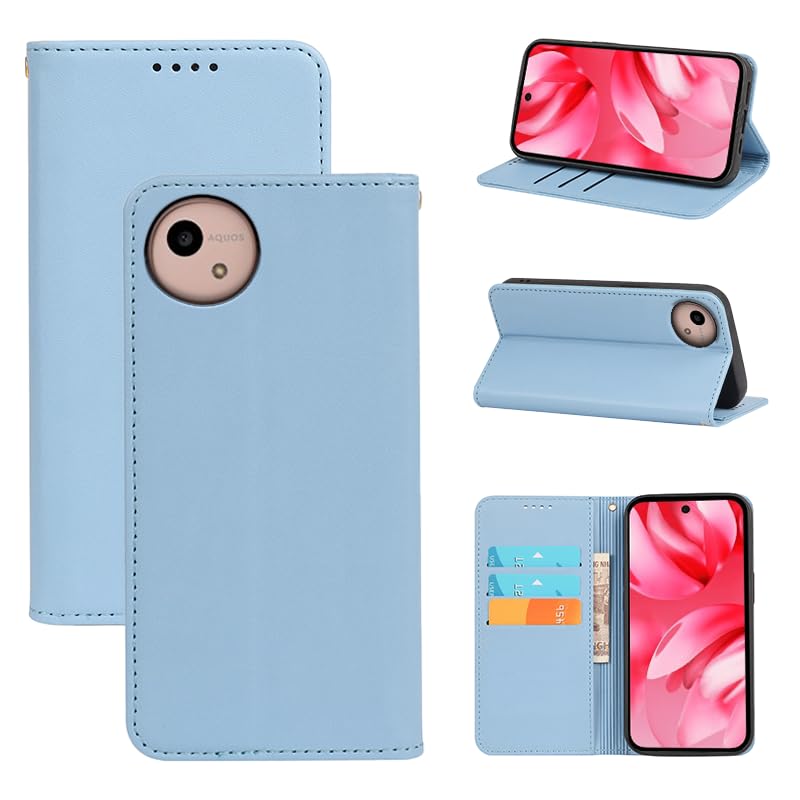 適用 AQUOS wish5 ケース 手帳型 wish5 手帳型ケース スマホケース カバー 手帳型 PUレザー カード収納 財布型 耐衝撃 ケース マグネット スタンド機能付き 5色(AQUOS wish5 SH-52F 用 ケース 手帳型) (ライトブルー)
