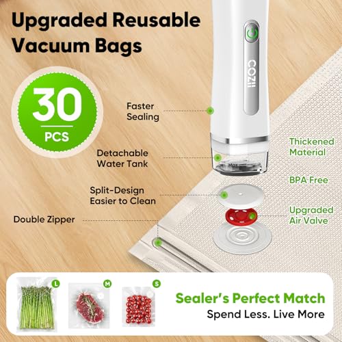 Image of COZII Vacuum Sealer for Food, Powerful Handheld Vacuum Sealer with 30 Reusable Bags, Rechargeable Design with Visible Detachable Tank, Portable Food Saver for Kitchen Camping Travel and Meal Prep