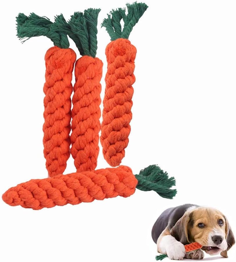 Juliyeh 4 Pcs Dog Chew Toy Braided Cotton Carrot Rope Toy Teething