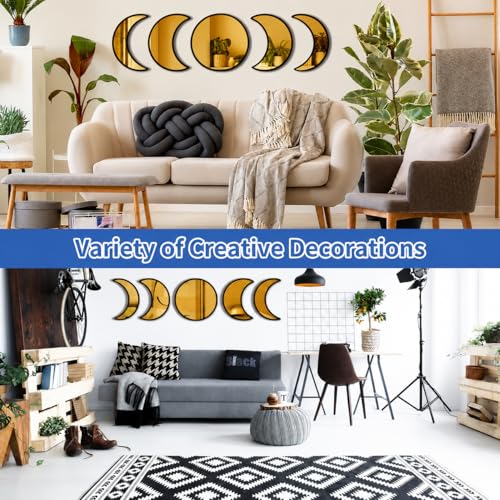Image of Moon Phase Wall Decor with Black Laminated Pine Wood Frame & Golden Acrylic Mirror | Boho Celestial Wall Art for Living Room, Bedroom, Yoga & Meditation Room