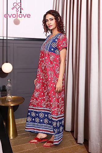 Image of Evolove Women's Cotton Long Maxi Night Gown Nighty Dress with Pocket & Stylish Button, Super Soft Comfortable (LNG-Button)