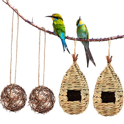 2 Pieces Hummingbird Bird House with 2 Pieces Globe Hummingbird Nesters Nature Grass Hanging Bird Hut Hand Woven Hummingbird Nest for Garden Window Outdoor Home Decoration