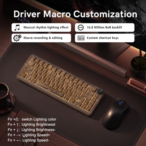 Image of womier L65 60% Brown Mechanical Keyboard with Knob,4000mAh,Tri Mode USB-C /BT5.0 /2.4G,RGB Backlit,Hot Swap,Linear Switch,Gasket Mounted Wireless Gaming Keyboard for PC /Mac,Wood Pattern Theme