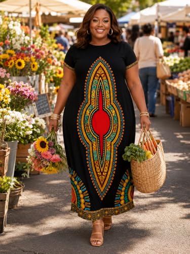 Image of Plus Size Maxi Dress for Women Short Sleeve V Neck Casual Loose Sundress with Pockets