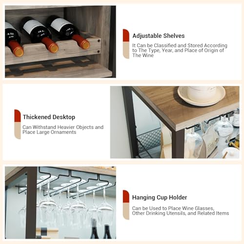 Image of Vintage Industrial Wine Bar Cabinet with Adjustable Wine Racks and Glass Holders, Mesh Door Sideboard Storage Cabinet for Living Room, Kitchen, Dining Room, Compact Design, Easy Assembly,Gray