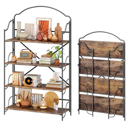 Image of 4NM No Assembly Folding Bookshelf for Living Room, 4 Tiers Collapsible Book Shelves Open Industrial Foldable Bookcase Storage Shelf for Home Office - Rustic Brown Black