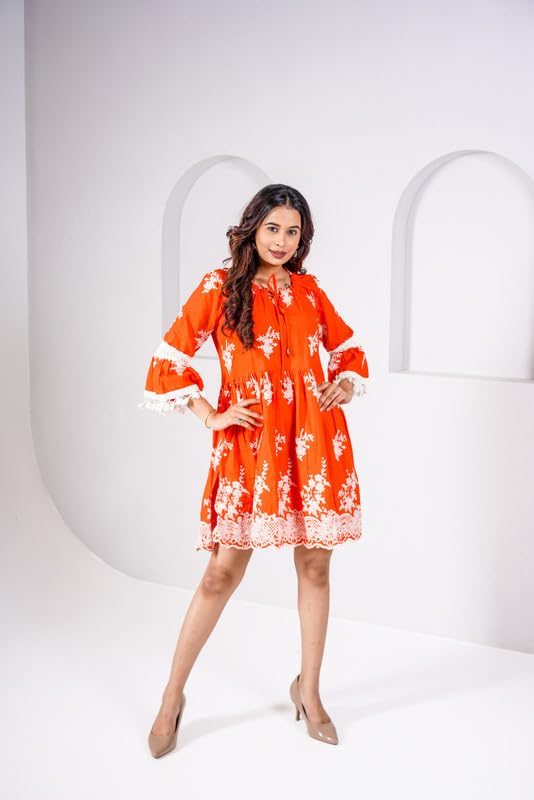 Image of Midi Dress|Stylish Floral Midi Dress | Breezy & Comfortable Office, Casual, College Wear Fit & Flare Short Dress | Short Kurti for Women Latest