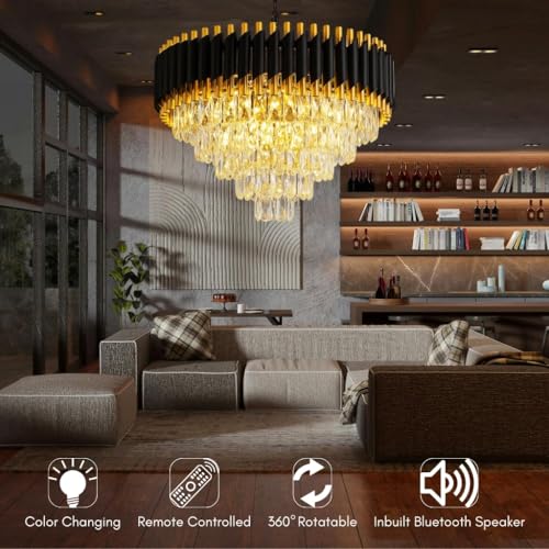 Image of NOZZ Modern Crystal Chandeliers with Ceiling Light Fixture for Living Room Bedroom and Hallway (Black Gold Moving, 600MM)
