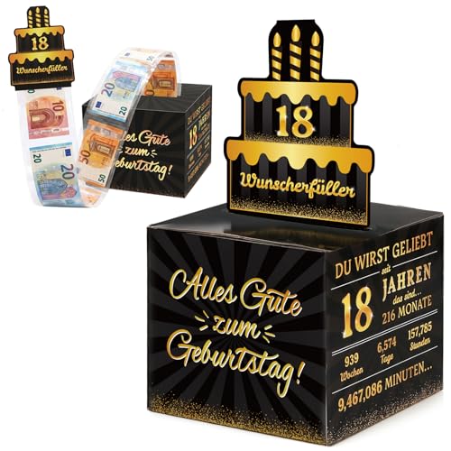 COMOOKA Geldgeschenk 18. Geburtstag Junge & Mädchen - Kreative Geldgeschenk Box Schwarz Gold - DIY Überraschungsbox - Lustige Geldgeschenke Verpackung zum 18. Geburtstag für Junge & Mädchen