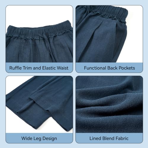 Image of Rolanko Girls Wide Leg Linen Pants Breathable Flowy Palazzo Trousers for School Beach Daily Wear 9-15 Years