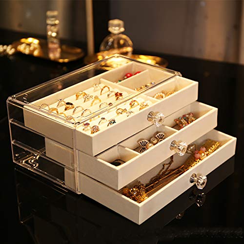 Acrylic Jewelry Box with 3 Drawers,Velvet Jewellery Organizer for Earring Bangle Bracelet Necklace and Rings,Clear Jewelry Storage case (Beige)