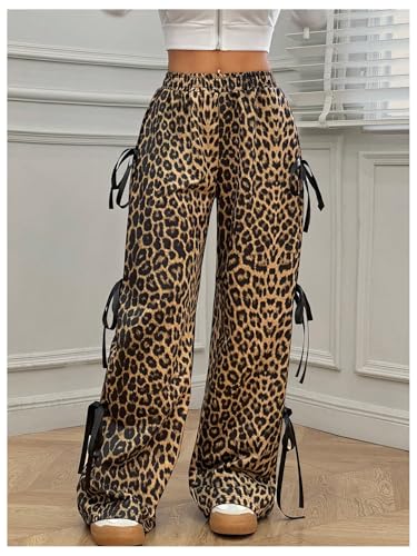 WDIRARA Girl's Leopard Print Bowknot Wide Leg Pants Y2k Elastic Waist Baggy Pants4