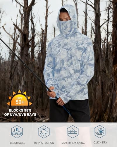 Image of FISHEAL Men's Performance Fishing Hoodie Shirt - UPF 50+ Sun Protection Long Sleeve Thumbholes Shirts with Neck Gaiter