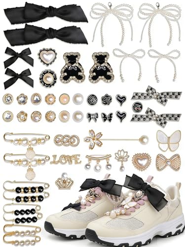 yuboo 51 PCS Shoe Charm for Sneakers Winter, Junk Socks Charms Kit, Shoelace Charms Contain Pearl, Clips, Black Bows, Jewelry, Shoe Decoration Charms for Women Bag/Hat