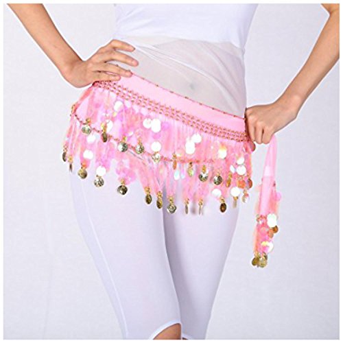 Image of VRITRAZ Women's Chiffon Belly Dance Hip Scarf Waistband Belt Skirt Mixed Colors Beads and Golded Coins 56 Black