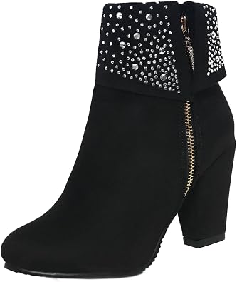 DINTAHA Faux Suede Ankle Boots Womens Chunky Heel Booties Rhinestone Zip Up Ankle Boots