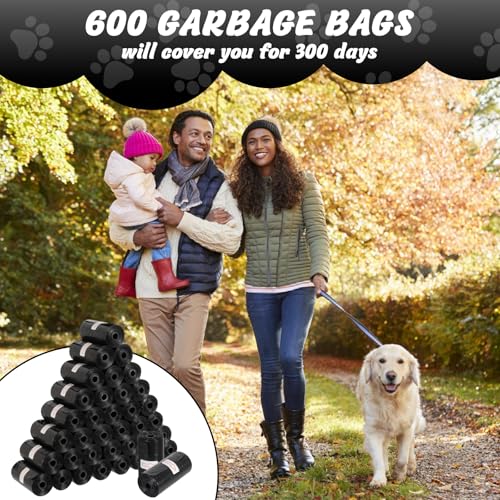KOMABLEN 600 Stück Hundekotbeutel biologisch Abbaubar, 40 Rollen Kotbeutel für Hunde, Auslaufsicher Hundebeutel Kot, Tragbar Dick Hundetüten Hundezubehör mit Kotbeutelspender 33x22.8cm(Schwarz)