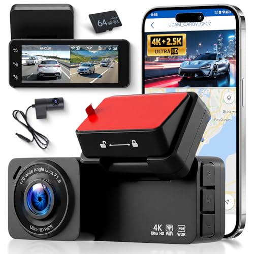 VECHTEL Cámara para salpicadero de coche 4K + 2,5 K, parte delantera y trasera con WiFi de 5,8 G + 2,4 G, 2 cámaras de salpicadero de 1080P con pantalla IPS de 3,16 pulgadas, vigilancia de