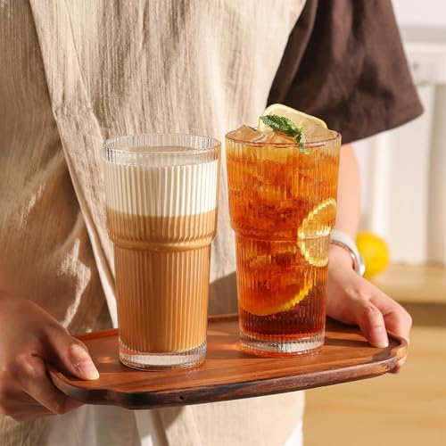 Image of WEZOSHINET Ribbed Glass Tumbler Drinking Glasses with Lids & Straws, Leak-Proof 20oz and 15oz Glass Cups, 2PCS Glass Tumblers, Ideal for Home, Office, Outdoor Use (20oz + 15oz Glass)