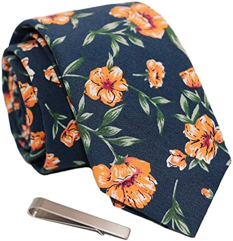 Men's Skinny Tie Floral Print Cotton Necktie and Tie Bar Clip Sets, Great for Weddings, Groom, Groomsmen, Dances, Gifts