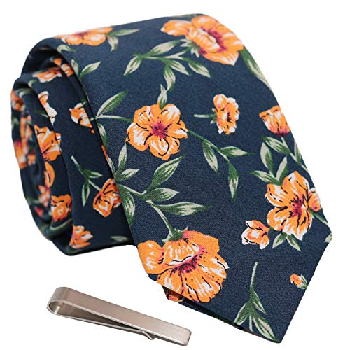 Image of Men's Skinny Tie Floral Cotton Necktie and Tie Bar Clip Sets, Great for Weddings,Groom,Groomsmen