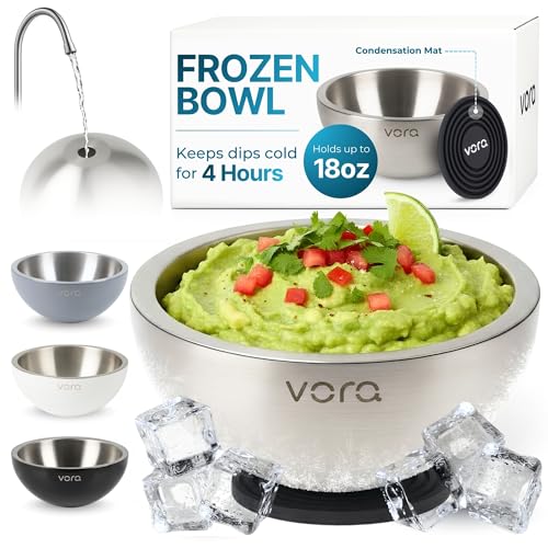 Vora 18oz Dip Chiller Bowl | Stainless Steel Chilled Dip Bowl for Dips Guacamole Hummus Salsa | Insulated Serving Dishes with Easiest Water Fill & Refillable Chamber