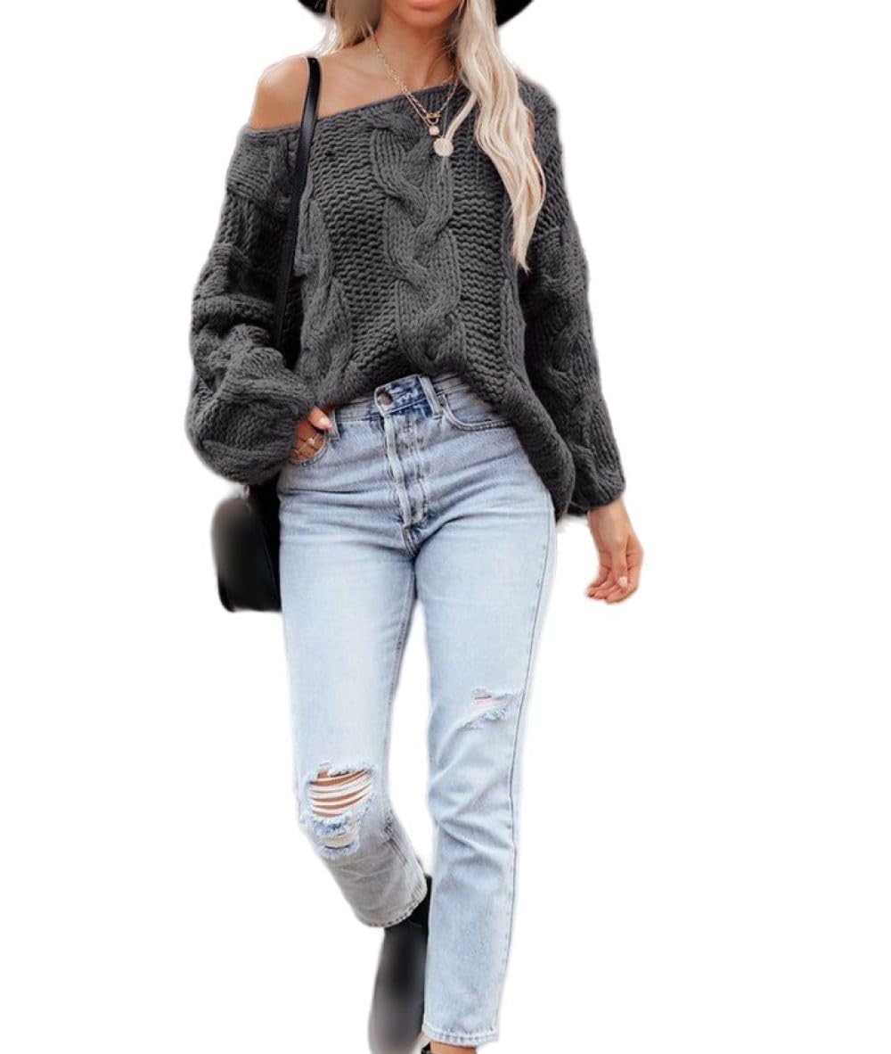 Pull À Épaules Dénudées pour Femme, Pull À Épaules Dénudées pour Femme, Pulls Surdimensionnés en Tricot Épais À Câble Aran, Pull en Tricot Sexy, Pull Décontracté, Hauts en Tricot