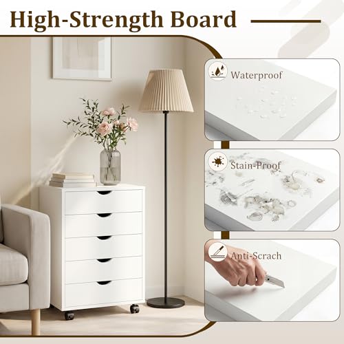 Image of 5 Drawer Mobile File Cabinet Under Desk Storage Organization with Wheels Vertical Filing Chest Rolling Wood Small Desk Printer Stand for Home Office, White