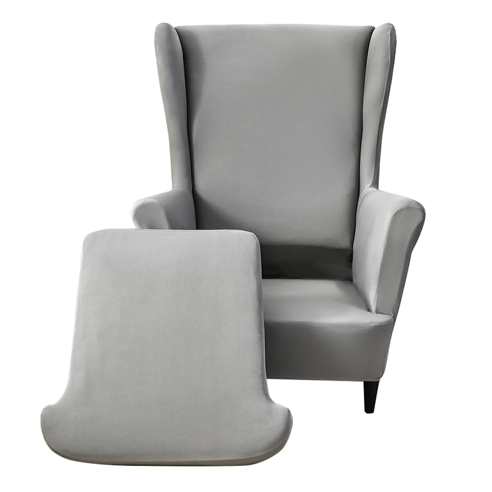 Funda para sillón orejero de 2 piezas elástica en color gris claro