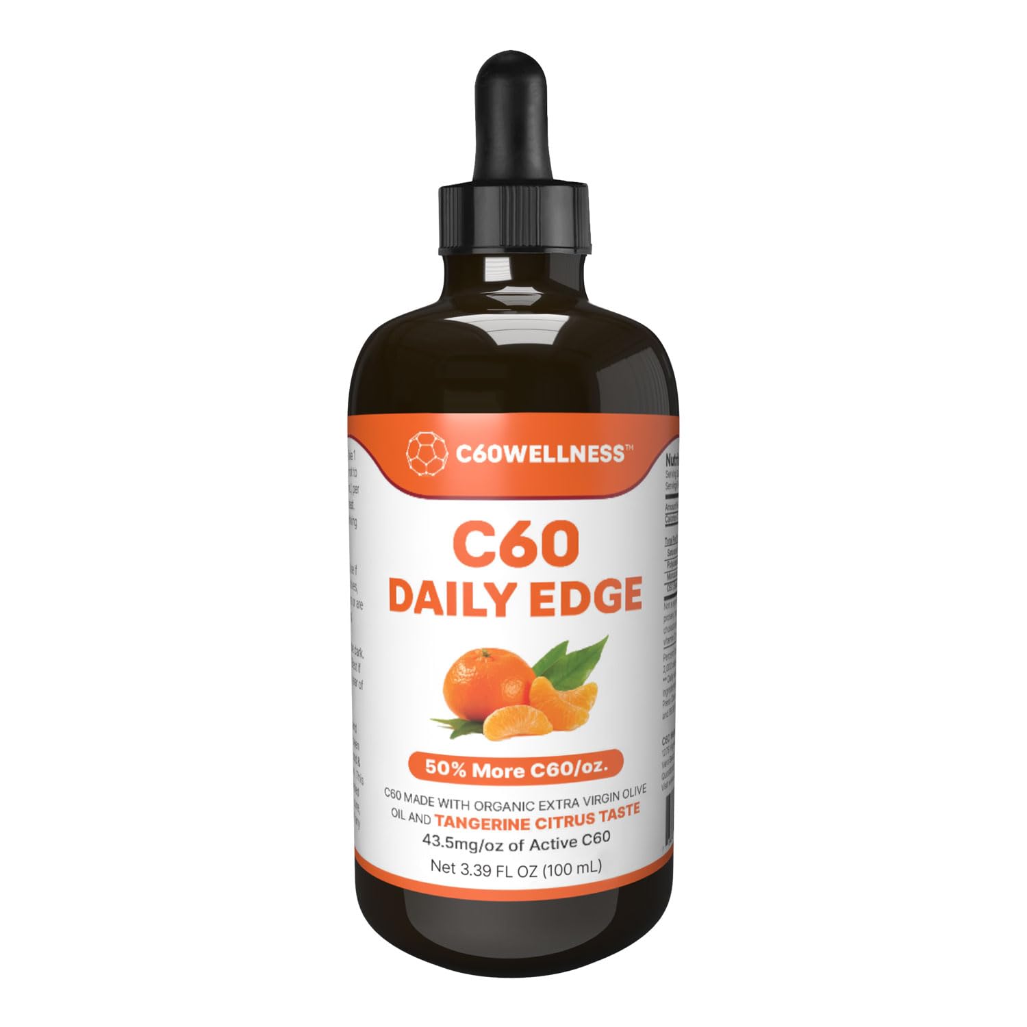 C60 Wellness C60 Tangerine Flavor Organic Olive Oil 100 ml / 3.38Fl Oz - 99.95% Carbon 60 Solvent Free 147mg C60Wellness Support for Men and Women, 50% more C60