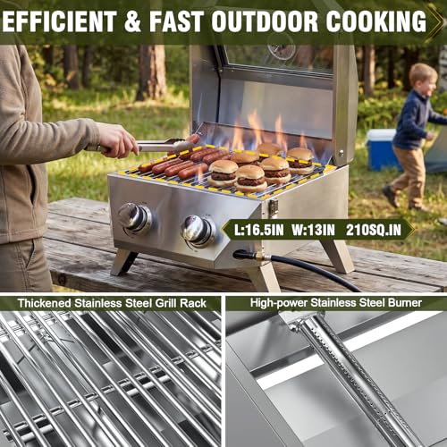 Image of Bestfire 2-Burner Tabletop Gas Grill with Viewing Glass Lid, 20,000 BTU Stainless Steel Portable Propane BBQ Grill, Built-in Thermometer & Push-Button Ignition, for Outdoor Camping, RV, Tailgating