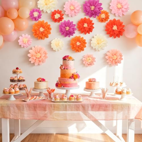 Image of Geyee 18 Pcs Mexican Paper Flowers Colorful Fiesta Tissue Paper Flowers Pom Poms Mexican Carnival for Floral Party Backdrop Wedding Birthday Party Craft (Pink Orange Series,6 inch 8 inch 10 inch)