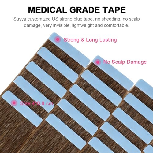 Image of SUYYA Tape In Hair Extensions Human Hair 20 Inch #6 Medium Brown | Remy Human Hair, Invisible Skin Weft, Soft & Silky Straight Hair, 20PCS 50G, Seamless Blend, Add Length & Volume