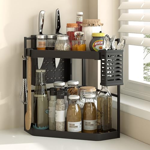 ohbien 2-Etagen Eckregal Küche Stehend Arbeitsplatte Gewürzregal Aufbewahrungsregal mit Besteckhalter und Messerhalter, Küchenregal Eckregal Stehend Organizer für Küche Badezimmer