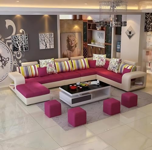 Image of Torque Allister 12 Seater Sofa Set for Living Room (Pink) | Interchangeable U Shape Sectional Sofa | Solid Wood Frame & High-Density Supersoft Foam | Includes Puffy & Stool | Modern Home Furniture