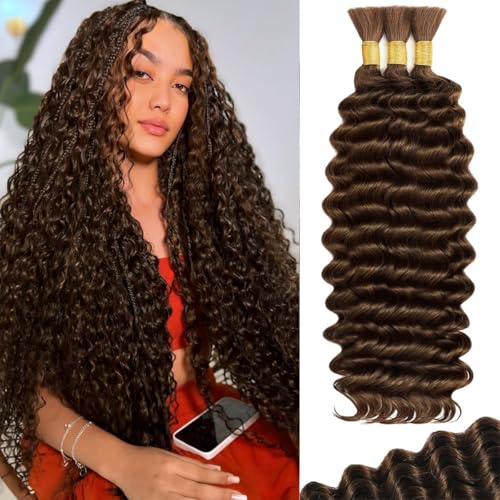 Color 4 Brown Boho Human Braiding Hair 120g Curly for Boho Braids Bohemian 100% Human Hair for Braiding Wet and Wave Deep Wave Bulk Human Hair for Boho Knotless Braids No Weft 3 Bundles 14 Inch