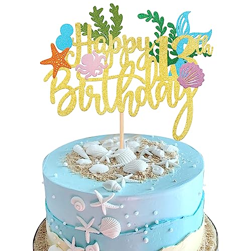 1 Pack Mermaid 13th Cake Topper Happy Birthday Cake Pick Summer Ocean Sea Creature Happy Birthday Mermaid Cake Decoration for Summer Baby Shower Kids Thirteen Birthday Party Supplies Gold