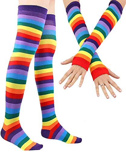 Image of YELAIVP Over Knee Rainbow Thigh High Socks Gloves Set Cosplay Accessories Arm Leg Warmers for Girls